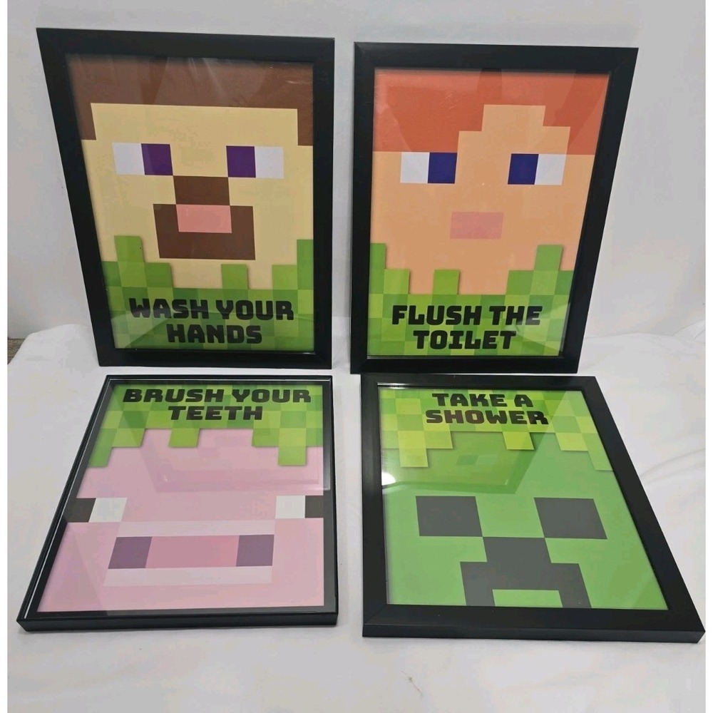 Set Of 4 Minecraft Themed Bathroom Wall Hangings (8x10)
